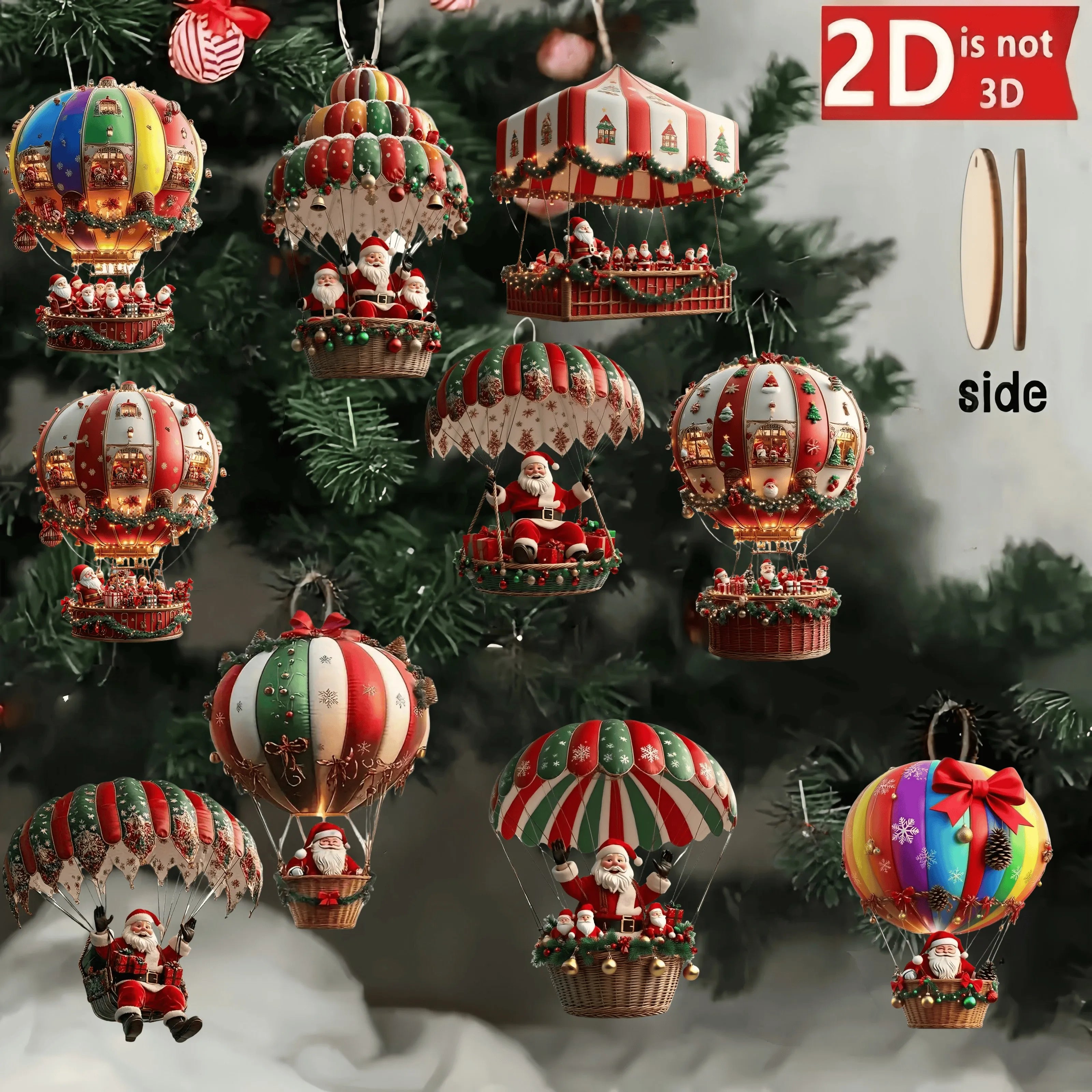 10Pcs Christmas Wooden Hot Air Balloon Santa Claus 2D Flat Wooden Pendant Christmas Tree Decoration Perfect Holiday Gift Decor